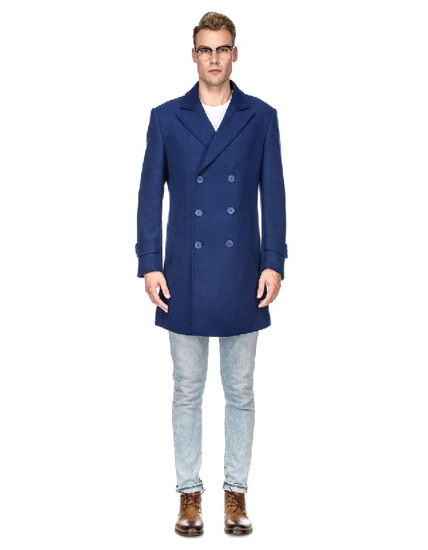 Utility Jackets Mens Modern Double Breasted Wool Pea Coat in Indigo Blue