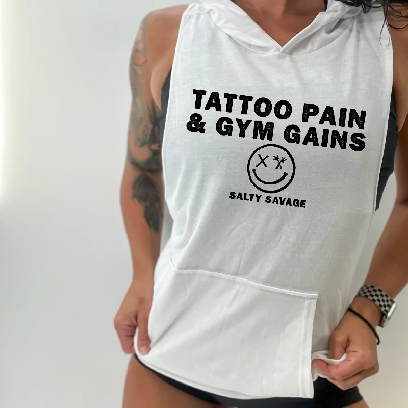 Functional Fashion Salty Savage Unisex "TATTOO PAIN & GYM GAINS" Sleeveless Muscle Tank Hoodie