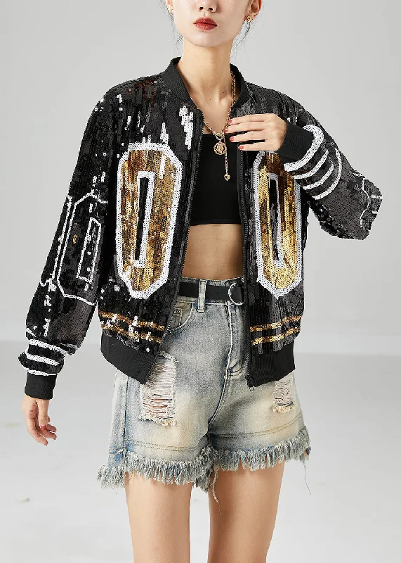 Affordable Chic French Black Sequins Stand Collar Coat Outwear Spring