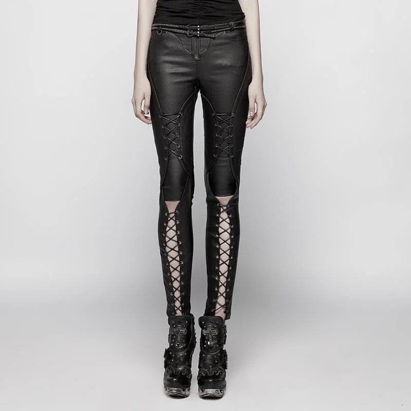 Fashionable Fit Women's Punk Faux Leather Woven Pants