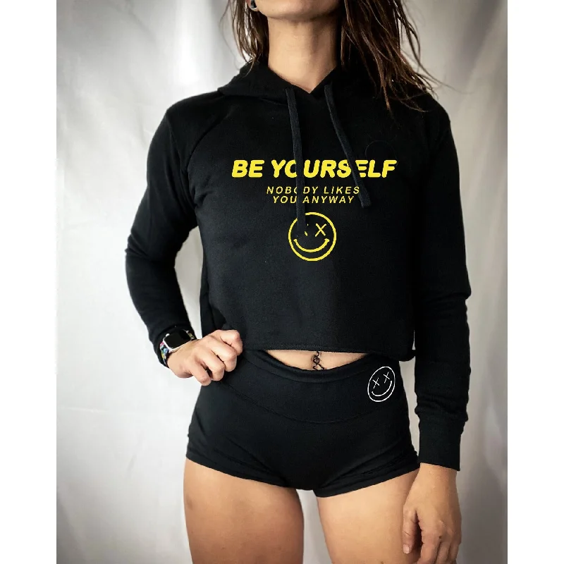 Versatile Looks Salty Savage Ladies "Be Yourself Nobody Likes You Anyway" Cropped Hoodie | Black/Yellow