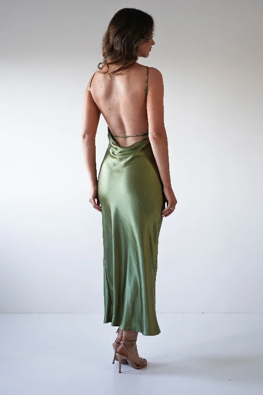 Comfy Tops Bayleigh Soft Satin Maxi Dress | Olive