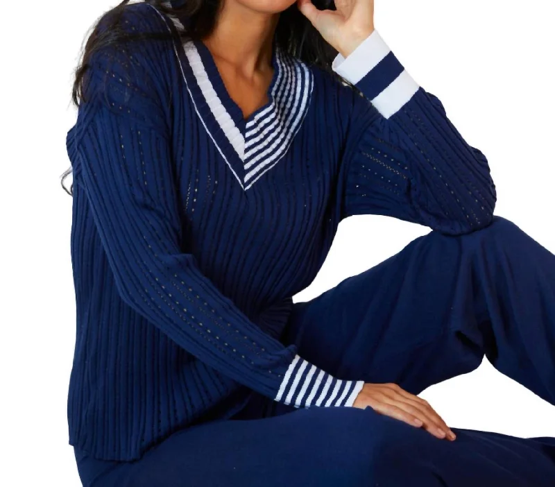 Cozy Fits Braided V-Neck Sweater In Navy/white