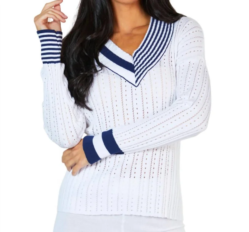 Everyday Outfits Braided V-Neck Sweater In White/navy