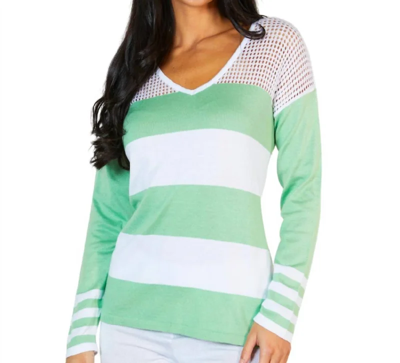 Classy Outfits Crochet V-Neck Sweater In White/green