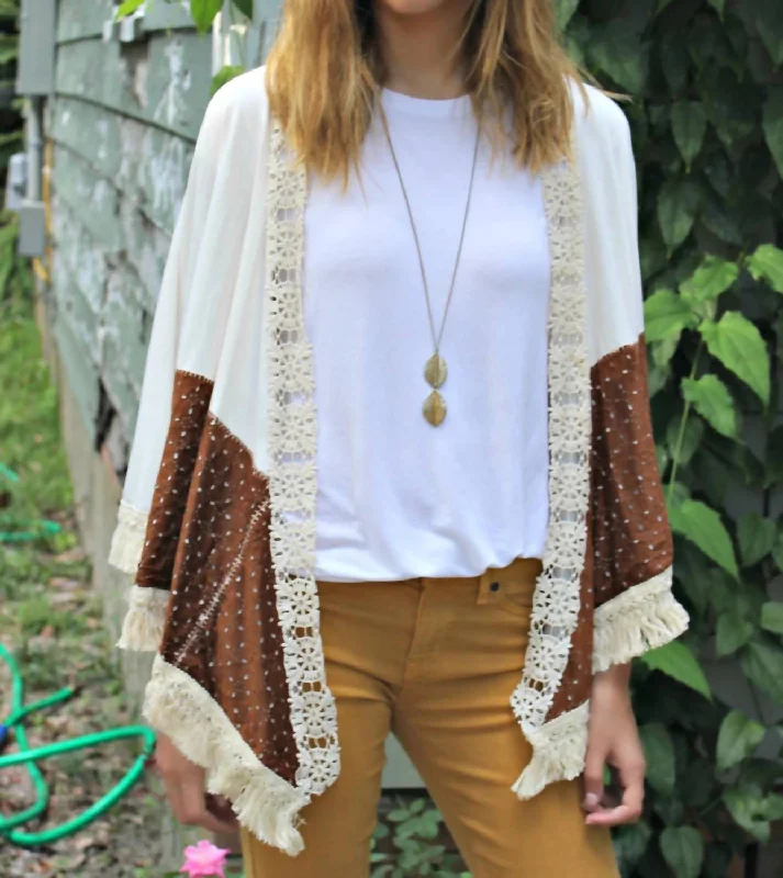 Budget-Friendly Looks Duster With Laser Cut Suede And Fringe Details In Ivory/brown