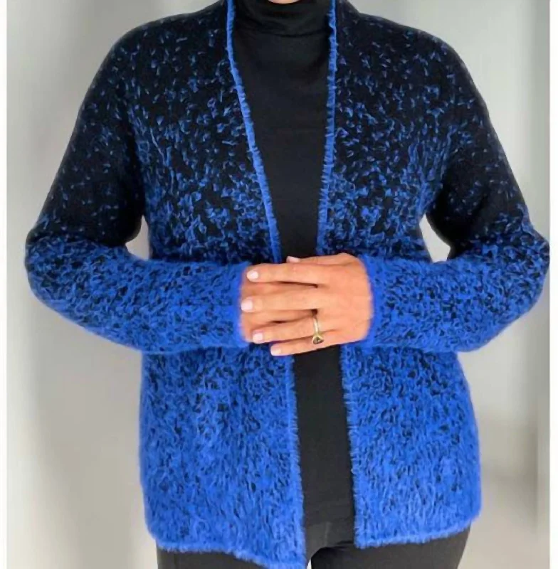 Comfy Tops Fuzzy Cardigan In Royal/black